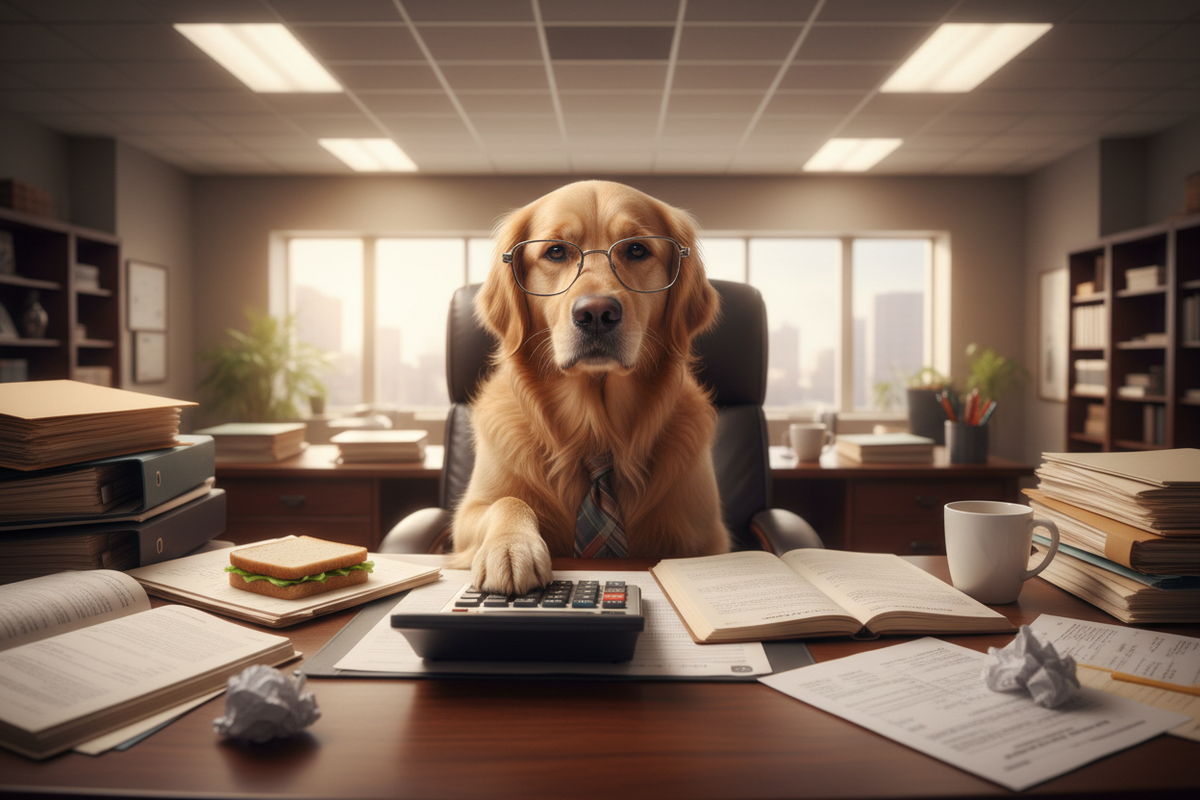 Older dog using a calculator