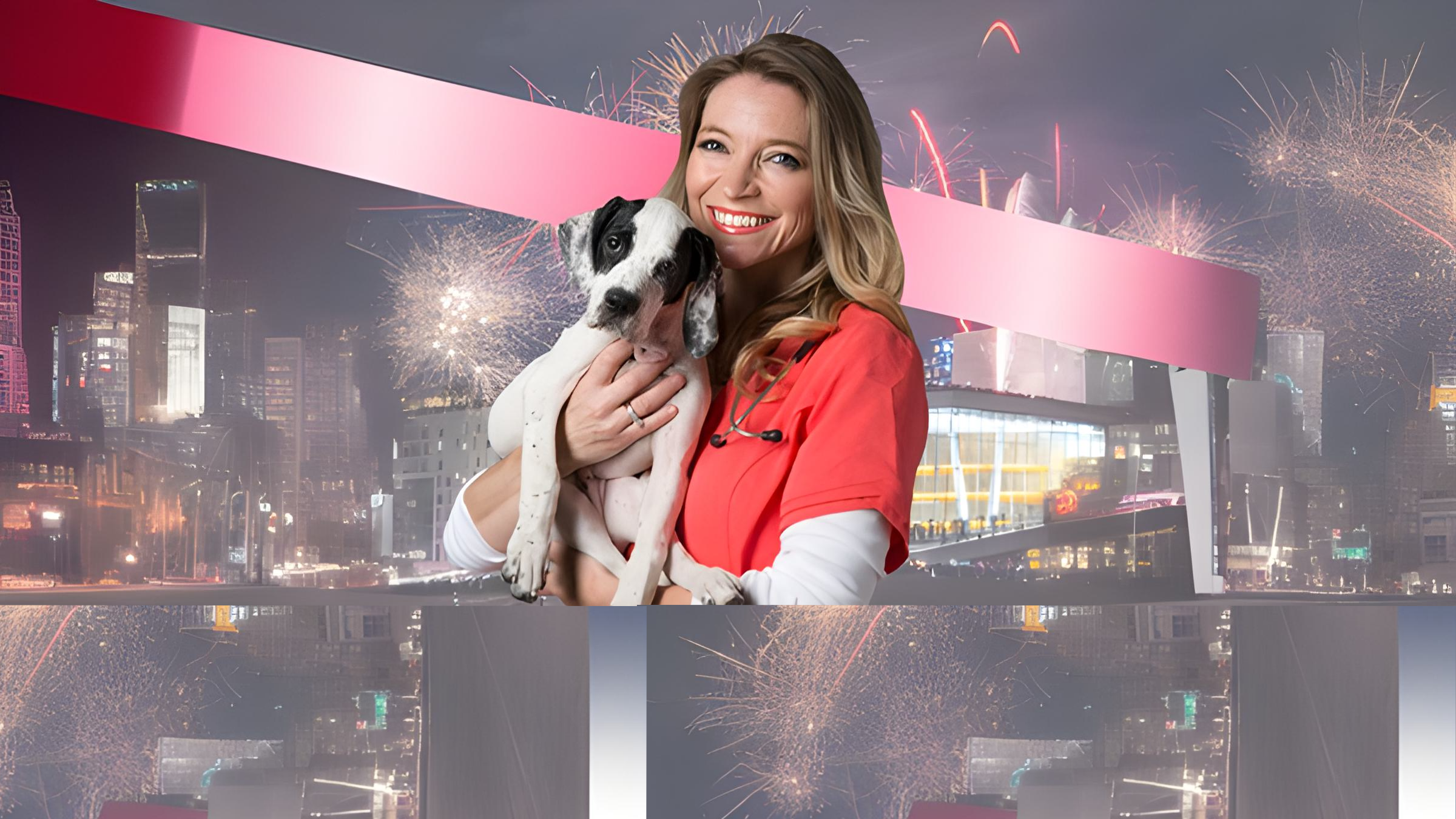 Veterinarian holding a dog outside during fireworks